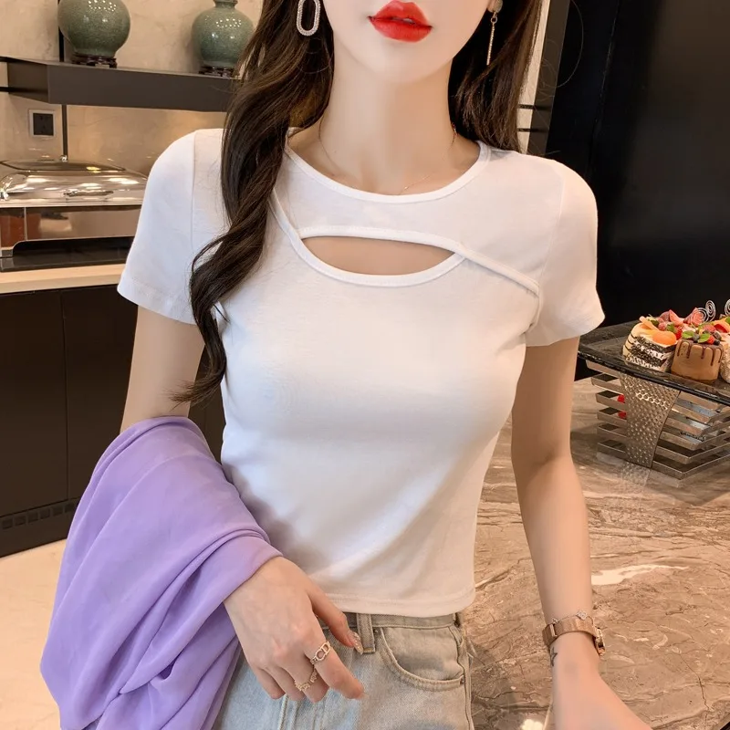 Ice cool silk white knitted short-sleeved T-shirt women spring and summer slim slim hollow sexy outside wear with a top BLACK