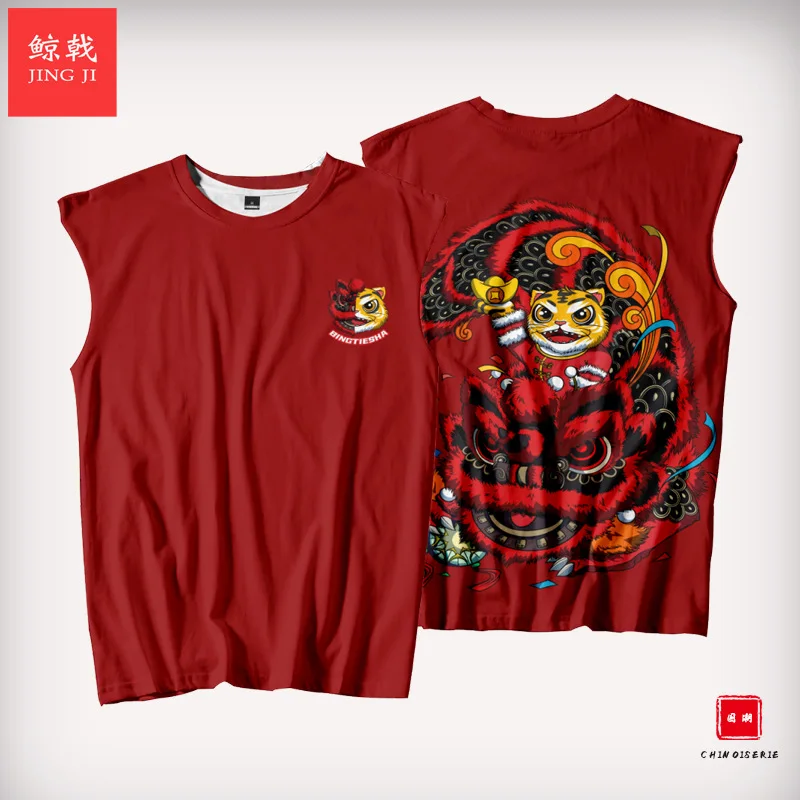 

Man Sleeveless Casual Sports Tank Tops Workout Clothes 2022 New Men Shirt Gym Fitness Red Tiger Print Vest And Shorts Set