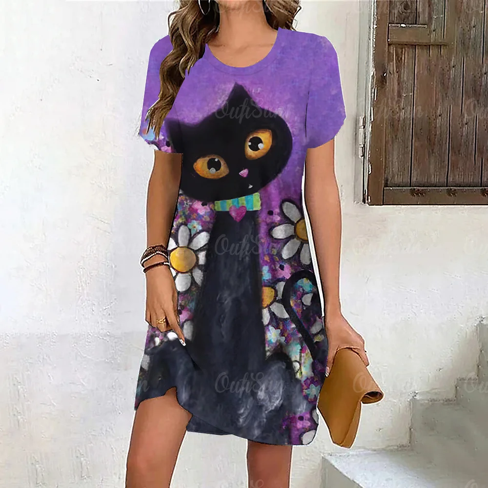 

Women Dress 3d Arts Cat Print Mini Short Skirt Casual Short Sleeve Pullover Fashion Party Sexy Dress Summer Elegant Lady Dresses