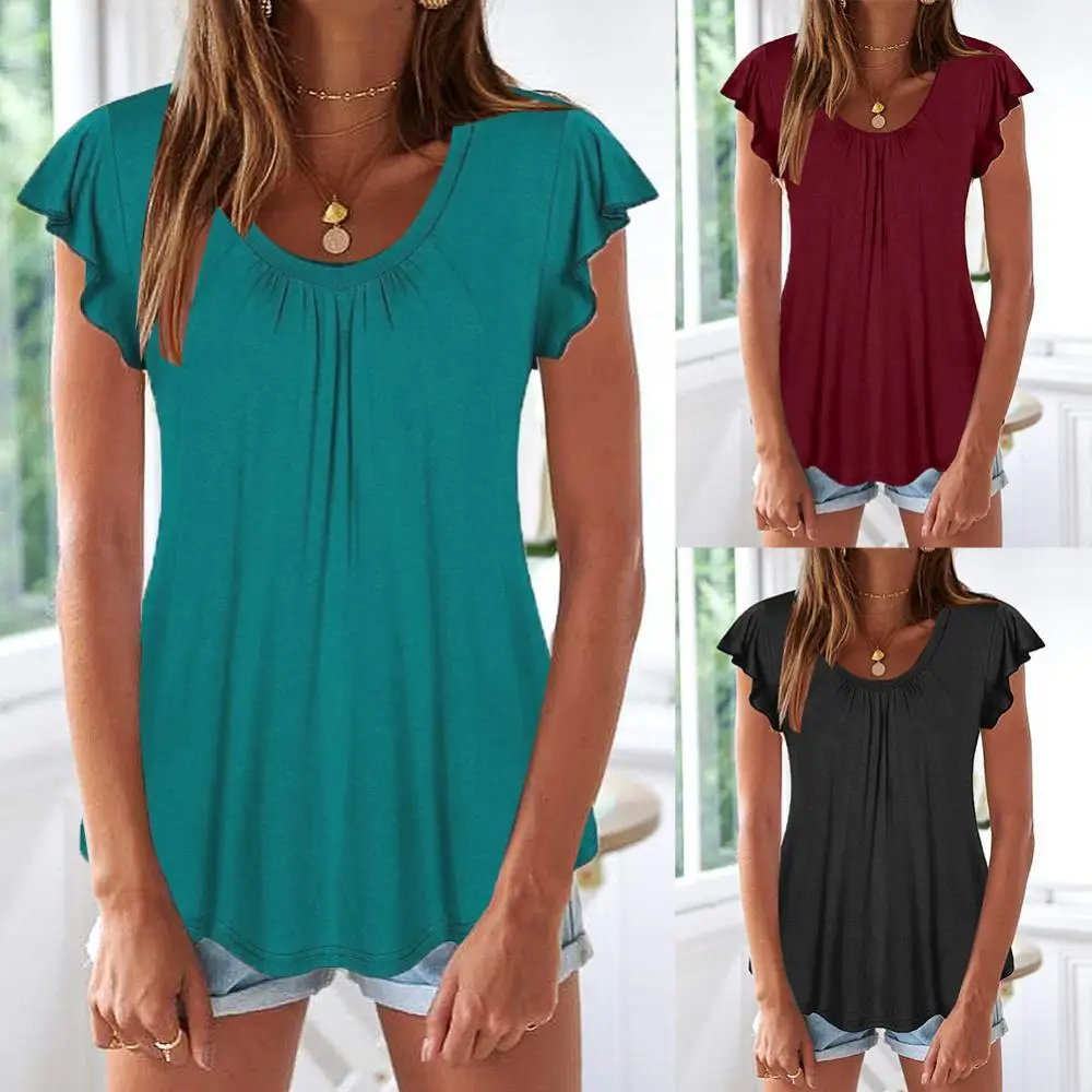 

Women Solid Color Scoop Neck Short Ruffled Sleeve Bottoming Top T-shirt Blouse