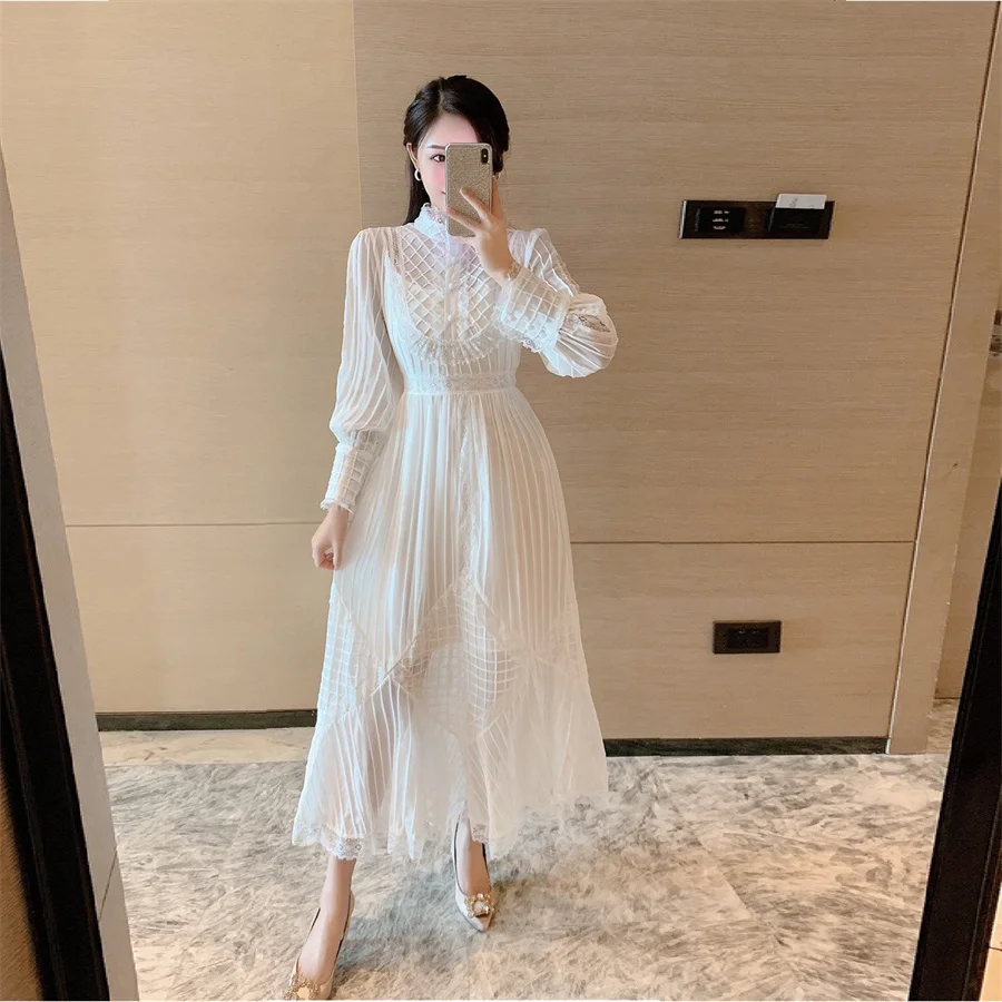 

High Quality White Silk Party Dress Women Designer Chic Long Sleeve Vintage Vestidos Luxury Lace Stand Collar Long Dress F229