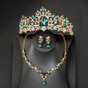 EillyRosia Emerald Green Bridal Crown and Necklace Earings Jewelry Set Rhinestones Crystal Tiara Women Masquerade Evening Party