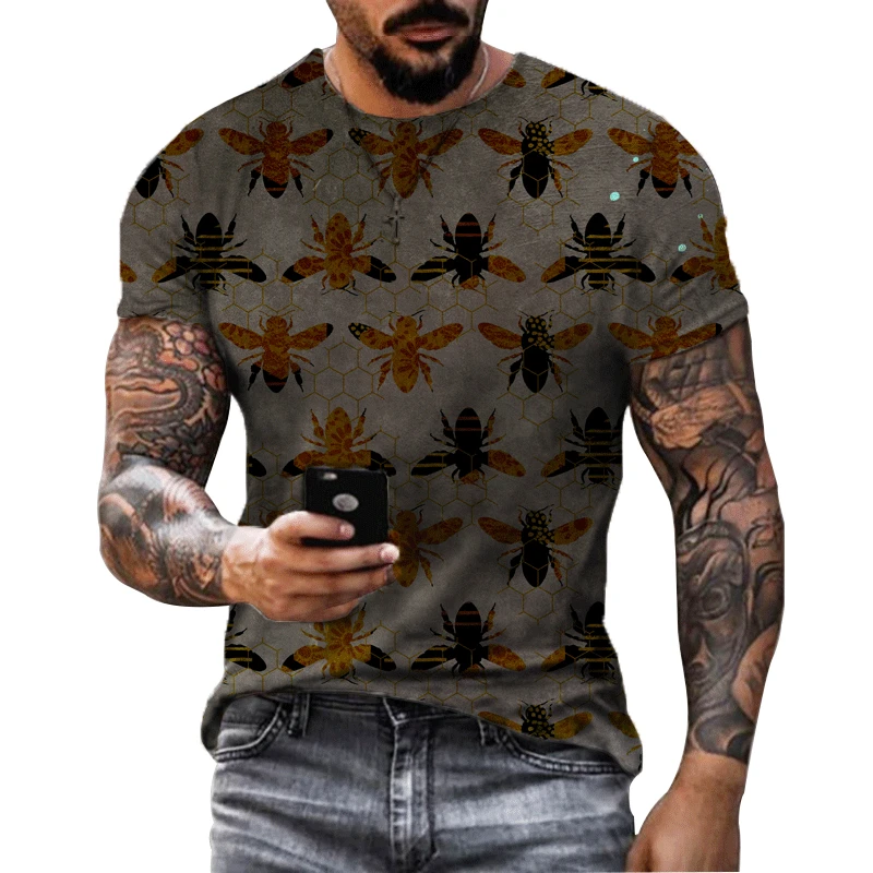 2022 summer men's 3D printing T-shirt short-sleeved O-neck pullover casual breathable personality bee print men's clothing