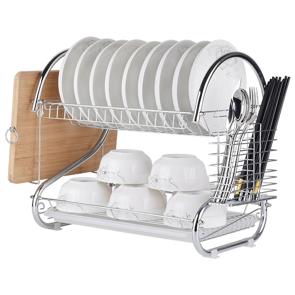 

Dish Drying Rack, Stainless Steel Dish Rack for Kitchen, 2 Tier Rust- Proof Dish Drainer with Drying Board and Utensil Sink
