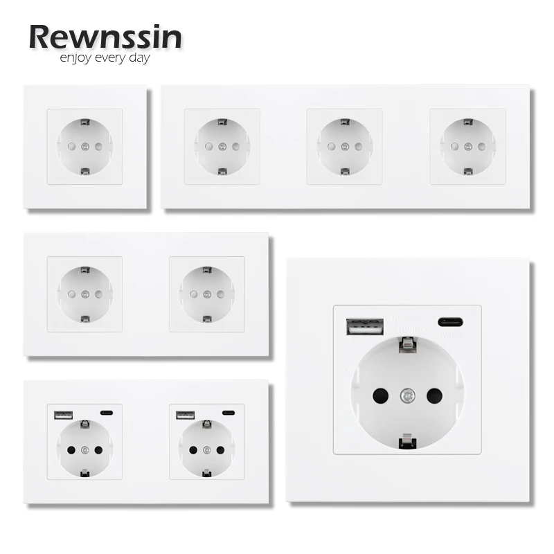 

Rewnssin White Plastic Socket with Type C and Usb, for Phone Charge, Russian EU DE Standard Home Wall Mutiple Outlets 220V, 16A