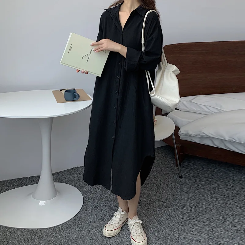 Autumn Spring Cotton Linen Dress Women's Elegant Long Shirt Dress Oversize Casual Female Simple Color Split Button Beach Dress