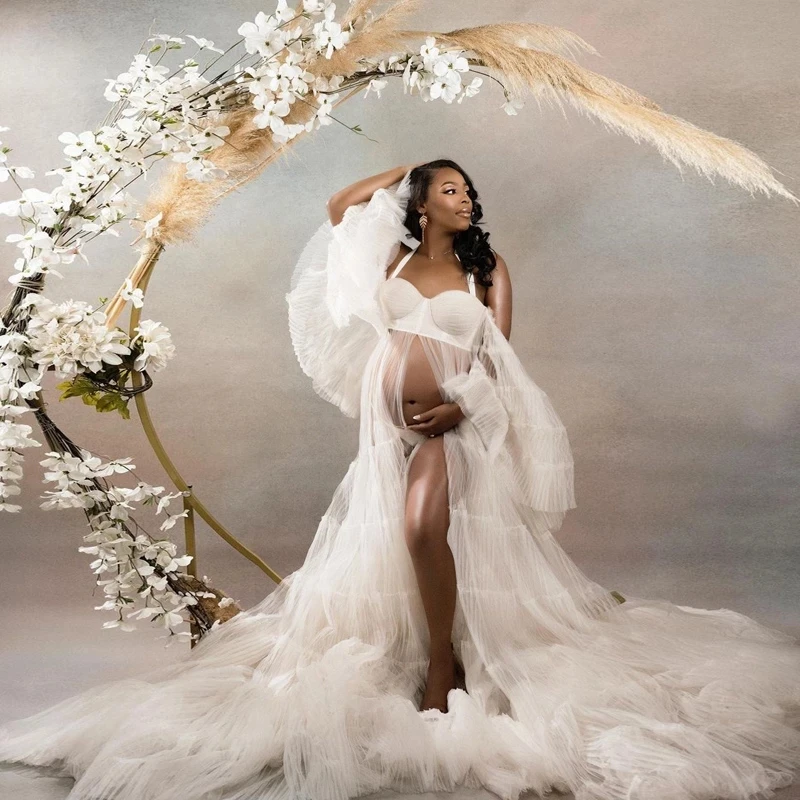 

Sexy Maternity Gowns for Photography Puffy Ruffles Tulle Pregnant Women Dress With Flare Sleeves Pleated Mesh Bridal Dresses