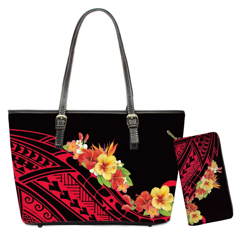 

FORUDESIGNS Bags for Women Polynesian Plumeria Hibiscus Print Shoulder Bag Purse Ladies Handbag Big Leather Top-Handle Bag Bolsa