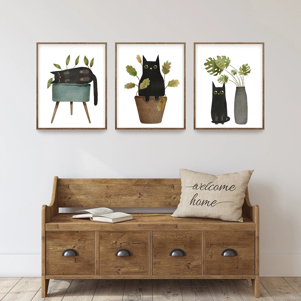 

Nordic Posters and Print Funny Black Cat and Potted Plants Canvas Painting Wall Art Wall Pictures for Living Room Decoration