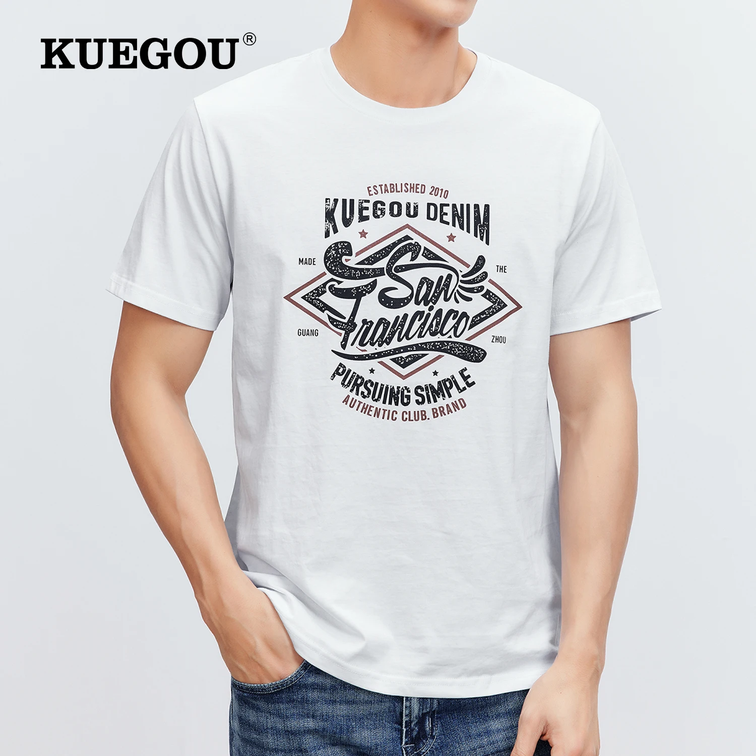 

Мужская футболка с коротким рукавом KUEGOU, черная футболка с коротким рукавом, украшенная принтом букв, большие размеры, лето 2022