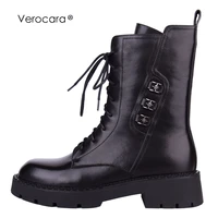 verocara ankle boots for women round toe black lace up mid chunky block heel genuine cow leather lady mid calf boots
