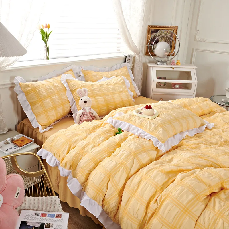 

Korean Style Four Piece Seersucker Washed Cotton Bed Skirt, Bed Sheet, Quilt Cover, Bedding, Dormitory, Single Person, Three Pie
