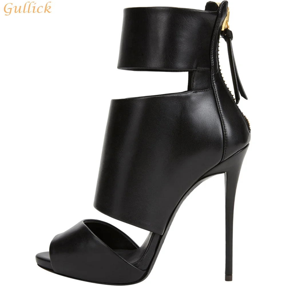 

Black PU Peep Toe Sandals Boots Stiletto Heel Hollow Back Zipper Ankle Boots Women Sexy Genuine Leather High Heel Boots Plus Siz