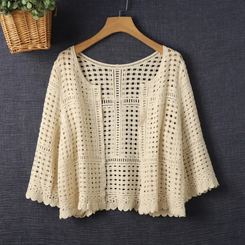 Women's Hollow-out Knitted Cardigan with Sling Shawl Short Outer Wear Cotton Sun Protection Shirt for Spring and Summer Wholesal