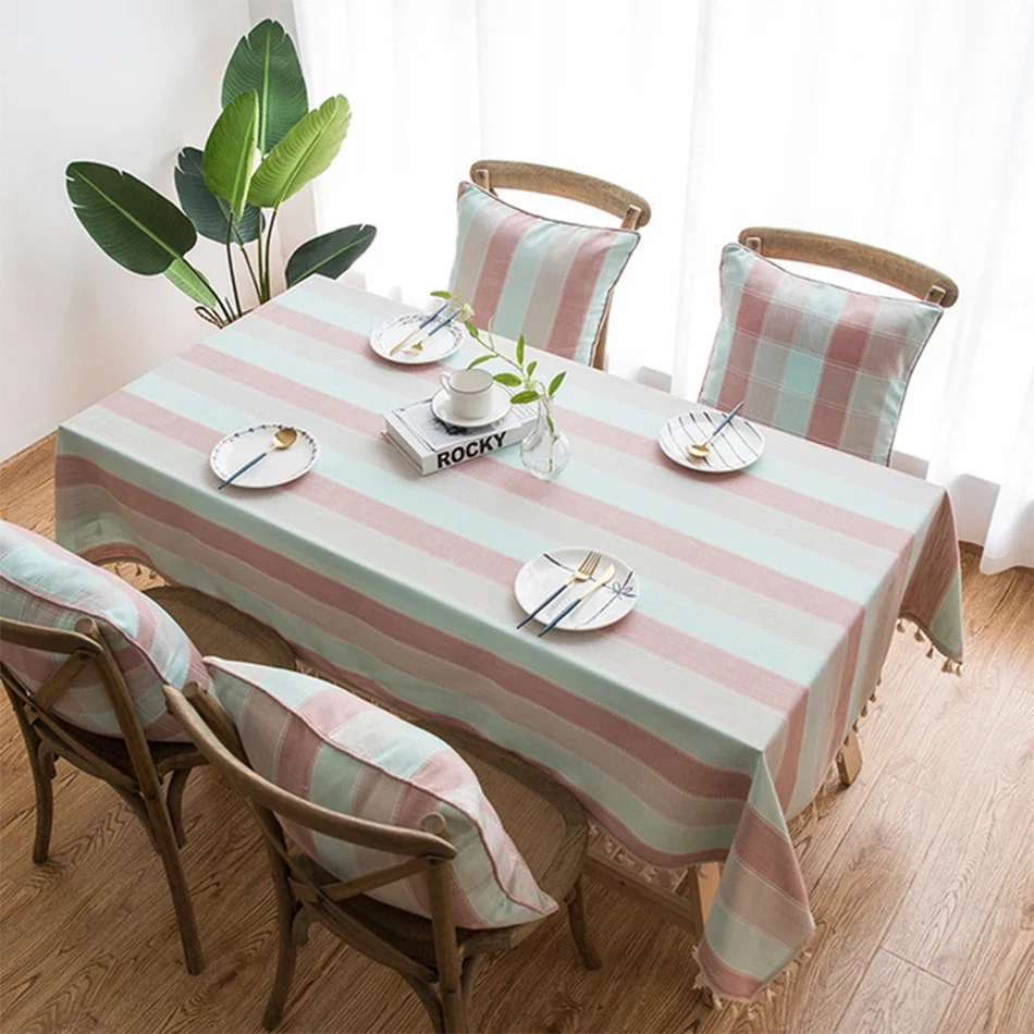 

Striped Tablecloth with Tassels,Rectangular Linen Cotton Table Cover for Kitchen Dinning Room Tabletop Coffee Table Decoration