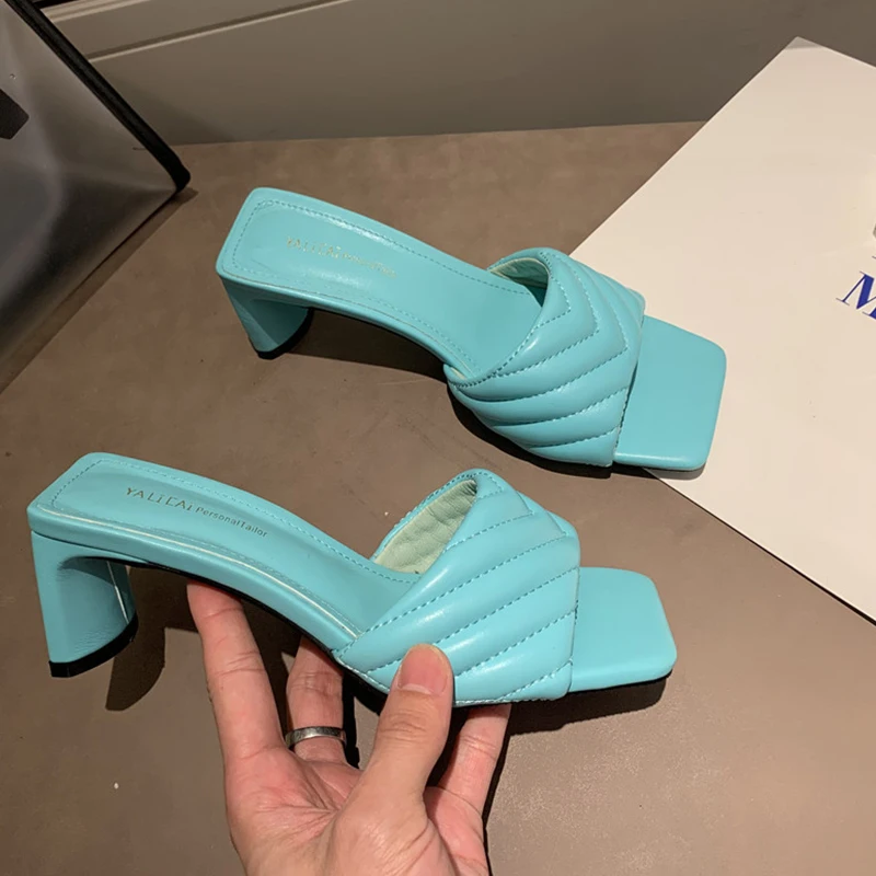

2022 Trend Women's Low Heels Slippers For Summer Elegant Ladies Square Toe Slides Women Flip Flops Party Dress Shoes Size 35-42
