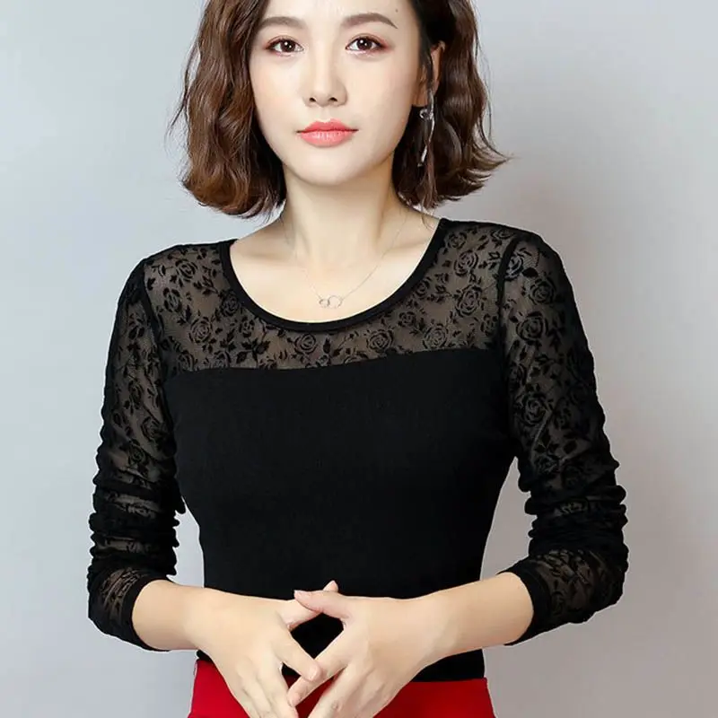 Футболка женская сетчатая с принтом кружевная высоким воротником и графическим