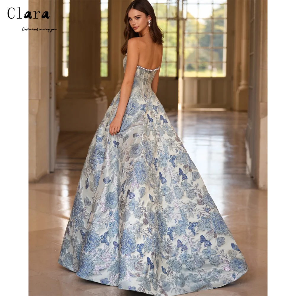 Фото Вечернее платье Clara Custom, синее, А-силуэт, с цветочным узором на спине, без спинки, роскошное, 2026, изогнутое, элегантное, для вечеринок, длинное, для выпускного вечера, 2026 №1