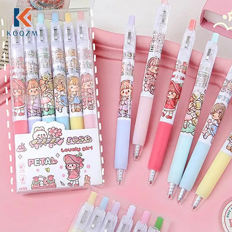 

6pcs/set Kawaii Gel Pen Set Cartoon Press Ballpoint Pen for Students Cute Gel pen 0.5mm Black Refill Office School Stationery