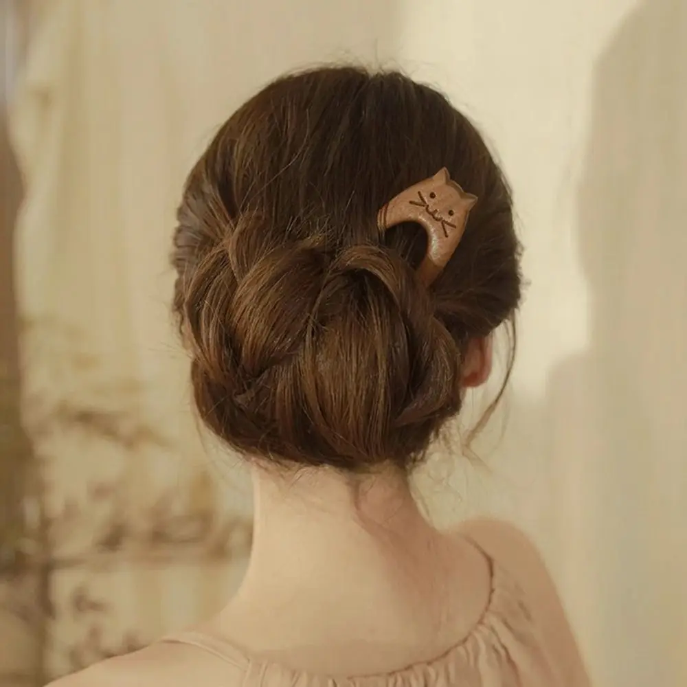 Изысканная деревянная палочка для волос с изображением кота и животных заколка в
