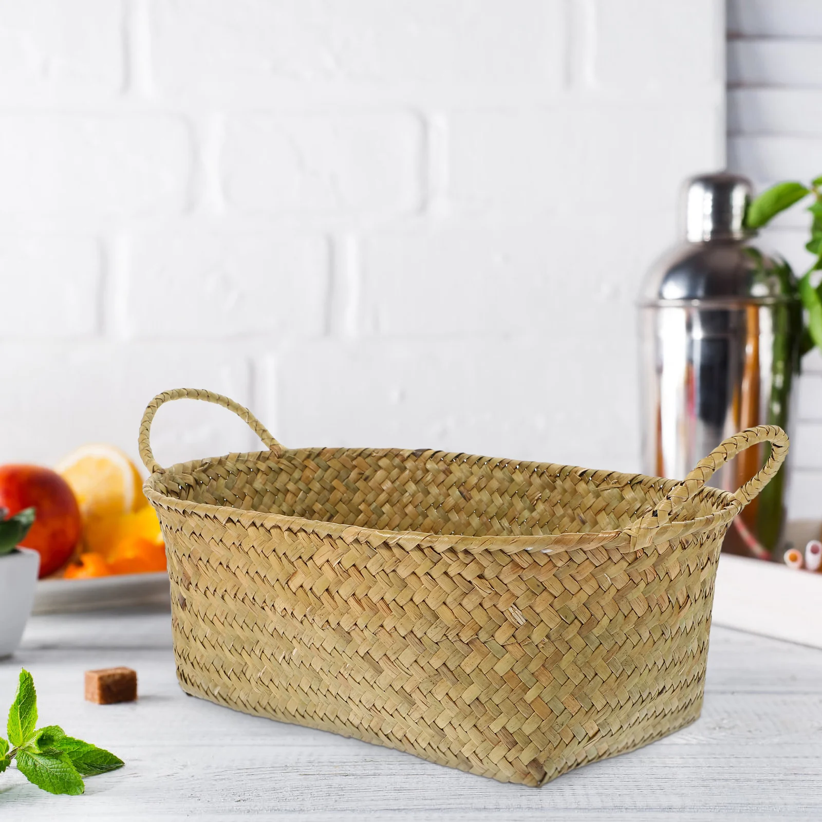 

Grass Woven Container Double Handle Woven Basket Multi-use Sundries Storage Basket