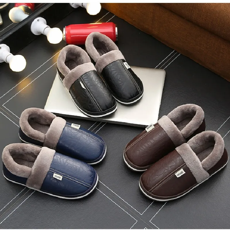 Big Size 50-51 Black Men Slippers Winter PU Leather Warm Indoor Waterproof Home Slipper Fur Couple Flat Slides Bedroom Shoes images - 6