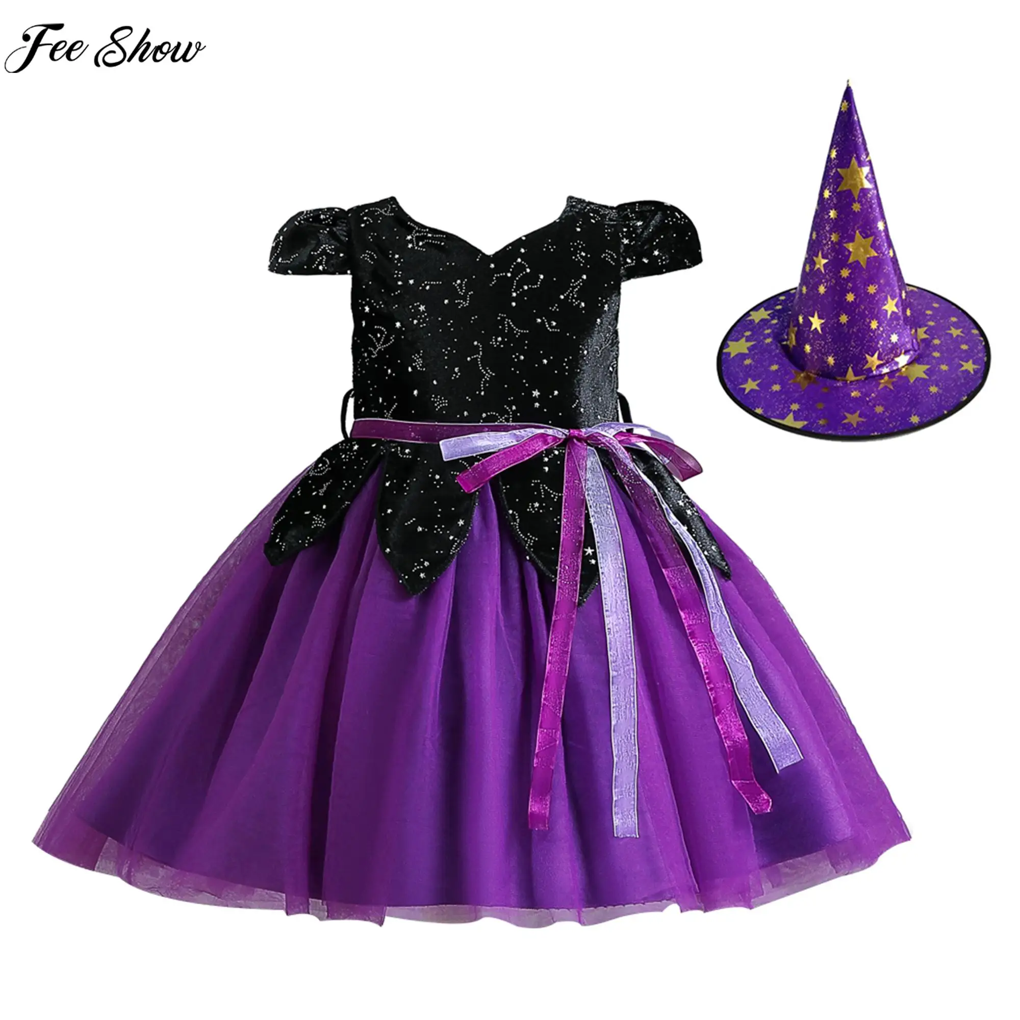 

3-12Y Girls Halloween Witch Cosplay Costume Masquerade Theme Party Sorceress Roleplay Dress Velvet Mesh Tutu with Pointed Hat