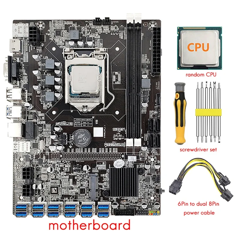 

B75 12 GPU BTC Mining Motherboard+CPU+Power Cable+Screwdriver 12X USB3.0 To PCIE Slot LGA1155 DDR3 RAM SATA3.0 ETH Miner