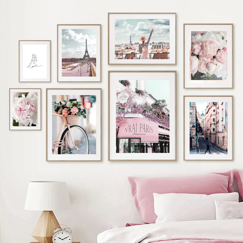 

Peony Cherry Blossoms Paris Tower Street Wall Art Canvas Painting Nordic Posters And Prints Wall Pictures For Living Room Decor