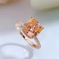 Wedding Ring 925 Sterling Silver High Carbon 9*9mm Morganite Created Diamond Four Prong Settings Plated Gold Color Fine Jewelry