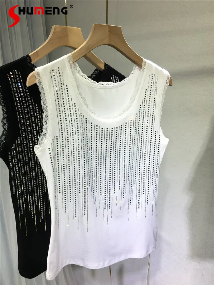 

Hot Drilling Black Vest Women Elegant Lace Stitching Sleeveless Tank Top Spring Summer Stretch Slimming Inner Bottoming Shirt