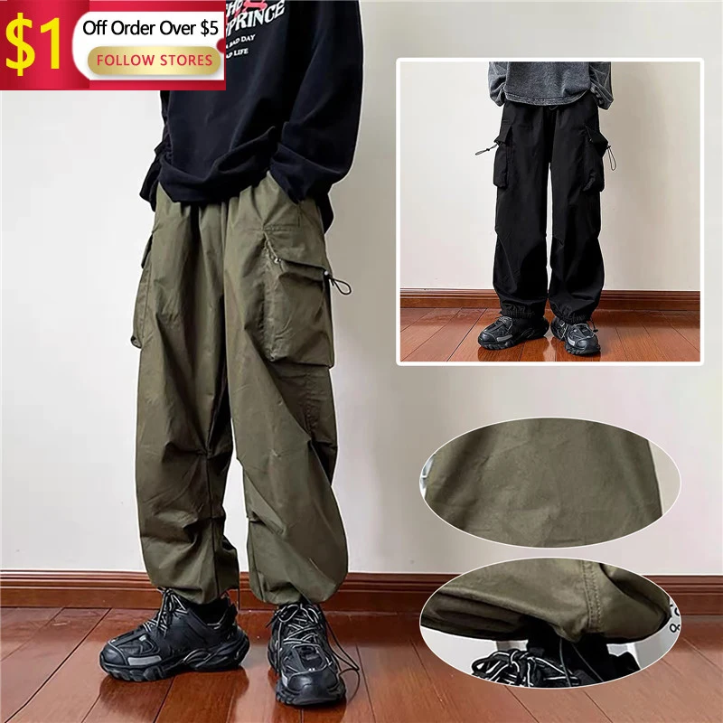 

2023 Men Solid Cargo Pants Harajuku Hip Hop Elastic Waist Loose Trousers Streetwear Male Casual Pockets Drawstring Baggy Pants