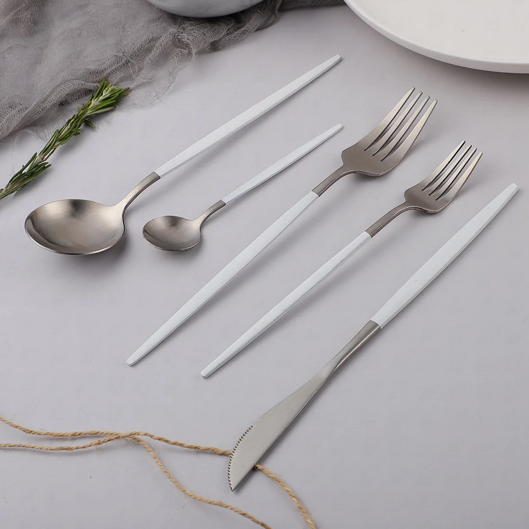 

Frosted Cutlery White Handle Tableware Set Kitchen Dinnerware Set Stainless Steel Spoon Set Flatware Silverware Set Dropshipping