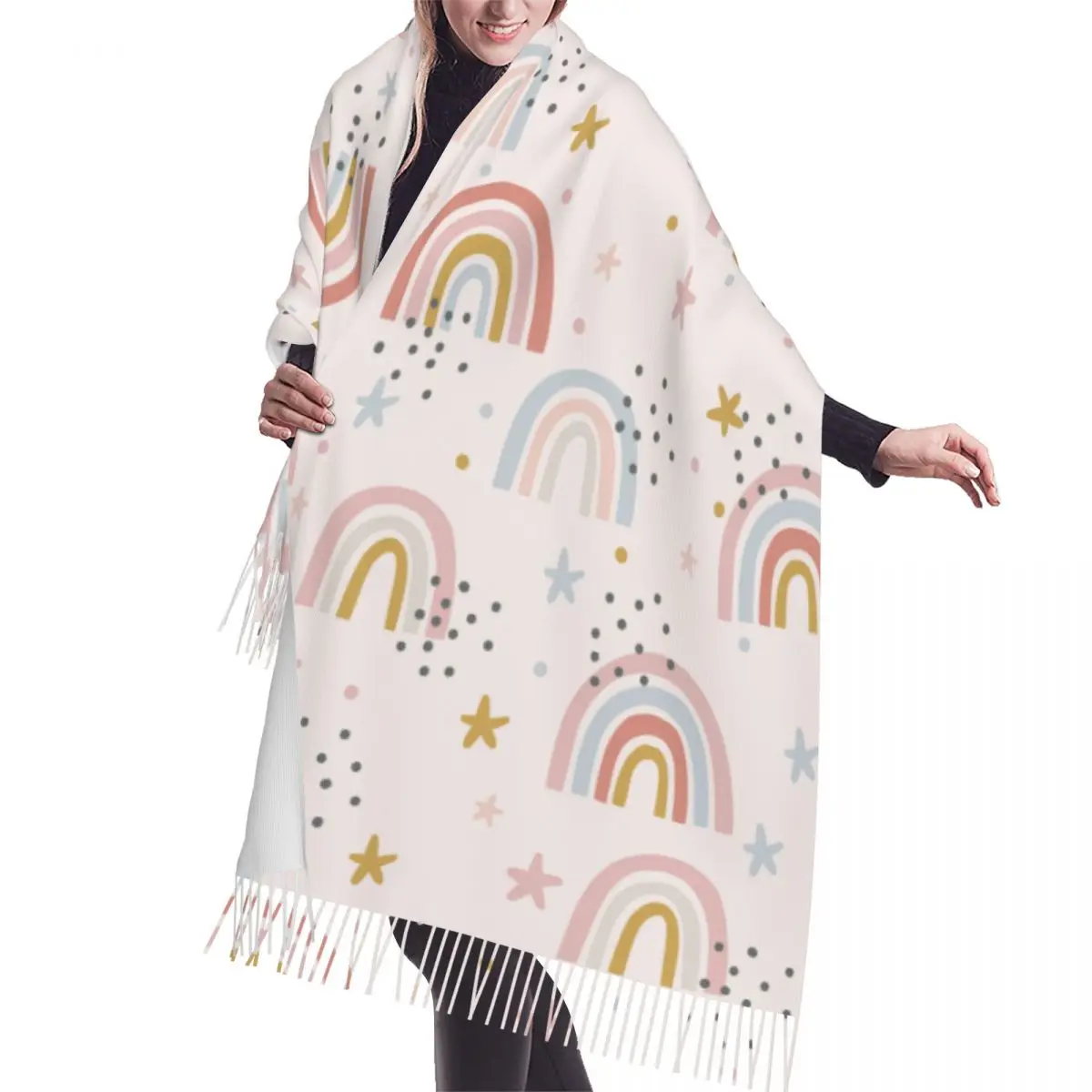 

Tassel Scarf Large 196*68cm Pashmina Winter Warm Shawl Wrap Bufanda Female Cute Magical Rainbow Sky And Stars Cashmere Scarves
