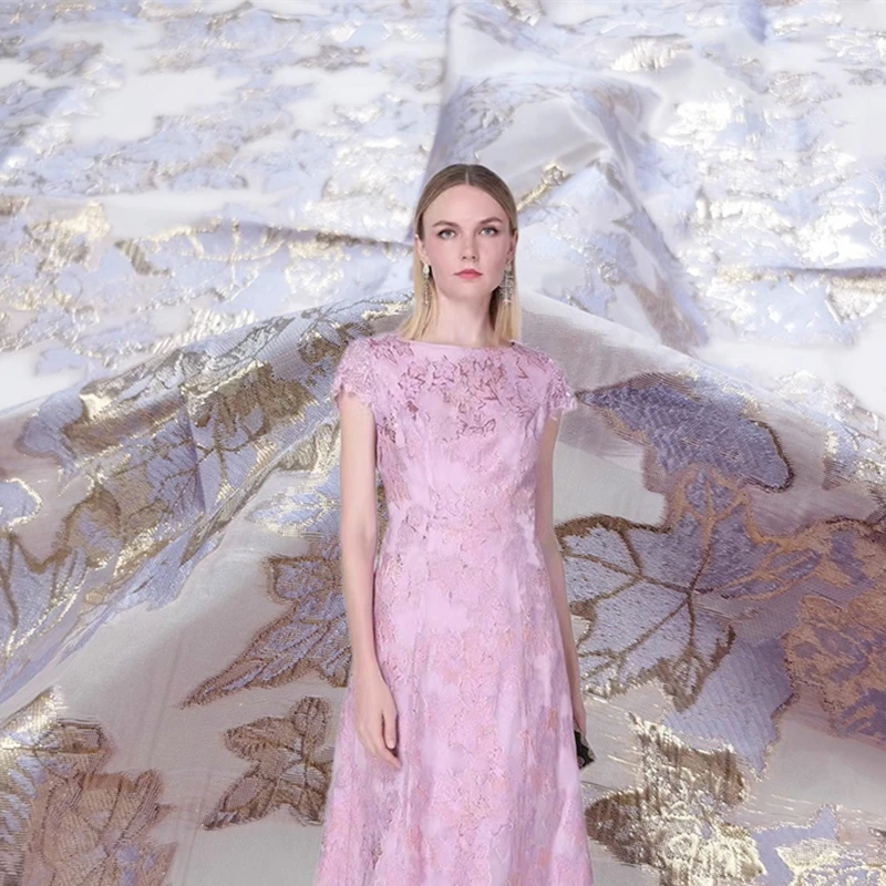 

European American Gold Maple Leaf Thin Transparent Organza Cut Fabric Fashion Luxury Designer Dress Jacquard Clothing Div Fabric