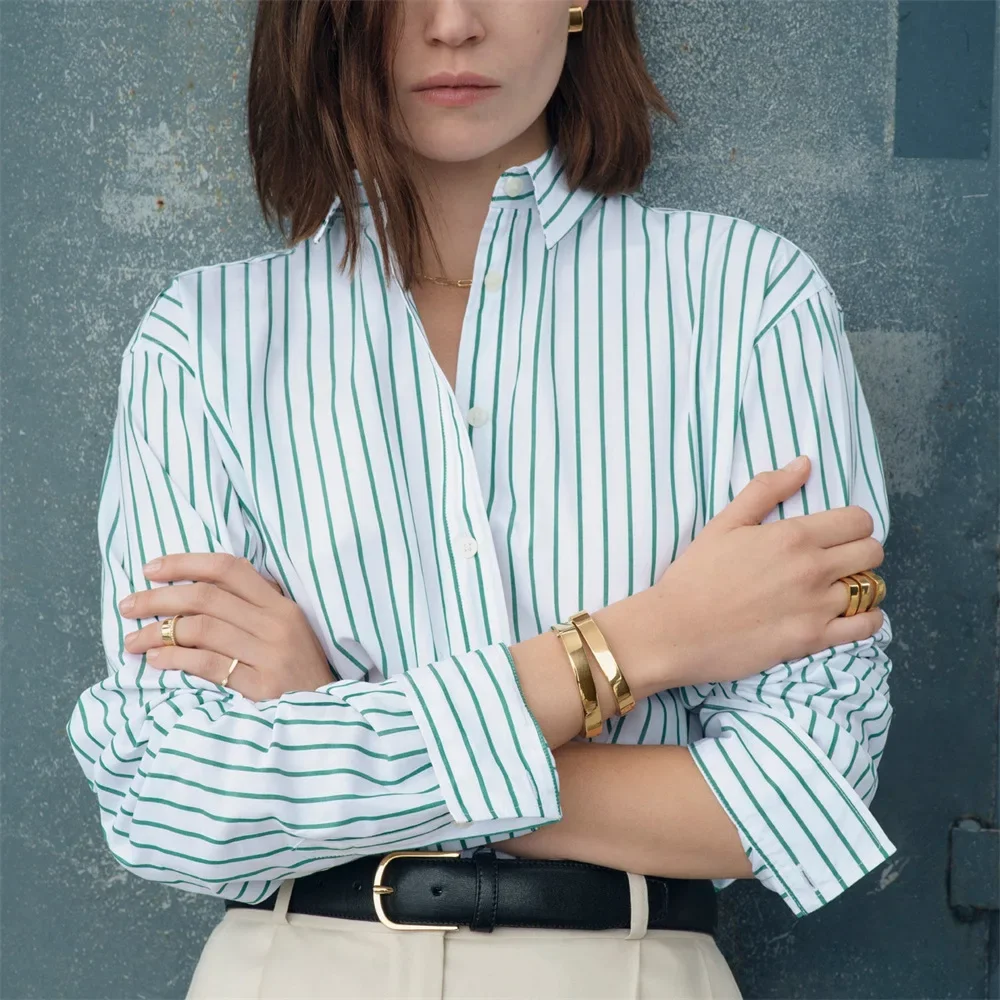 Женская рубашка с длинным рукавом зеленый и белый классический топ в полоску из
