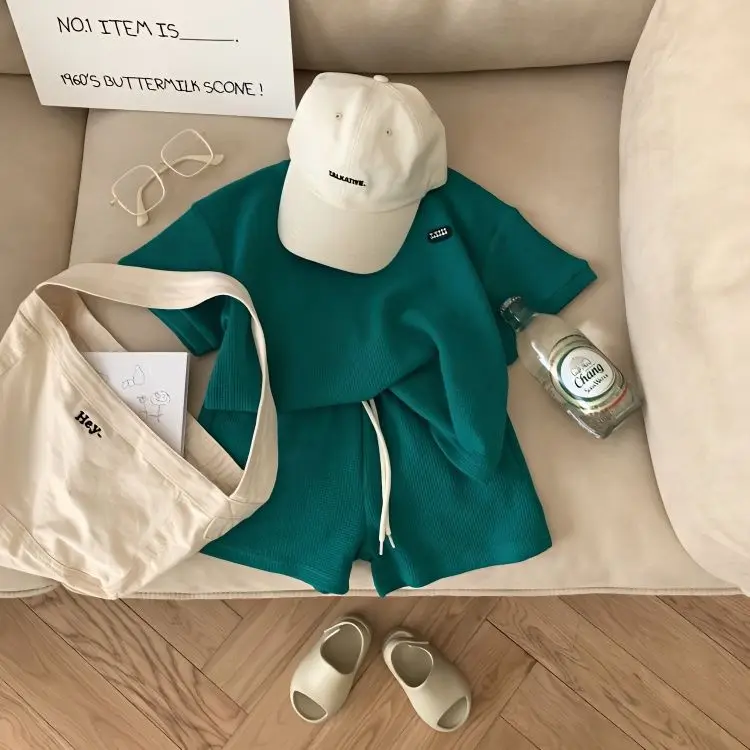 

Летние вафельные корейские Детские комплекты для детей комплект из двух коротких рукавов для маленьких мальчиков и девочек Одежда для маль...