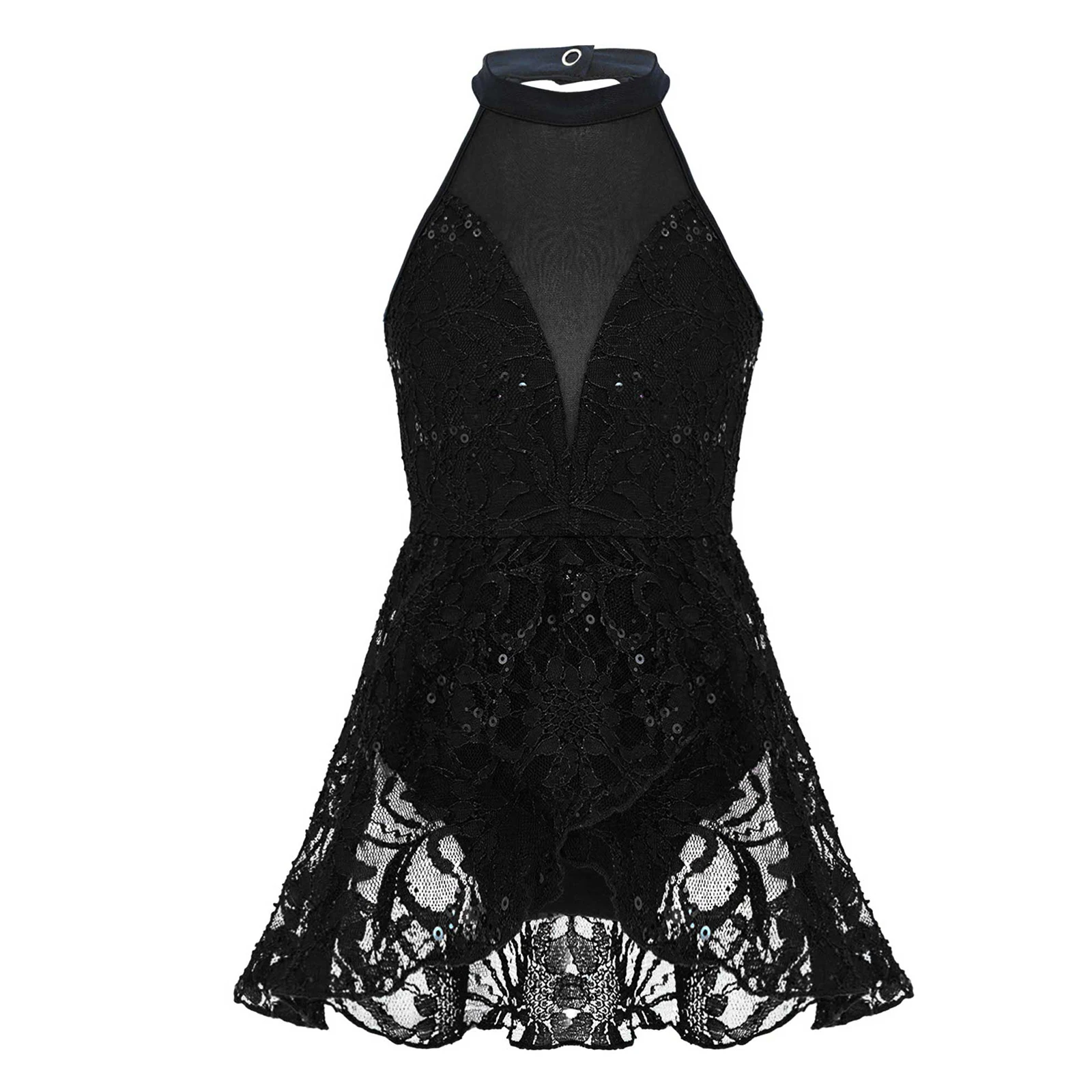 

Kids Girls Sleeveless Figure Skating Leotard Dress Sheer Lace Mesh Sequin Decor Jazz Ballet Dance Bodysuit Performance Dancewear