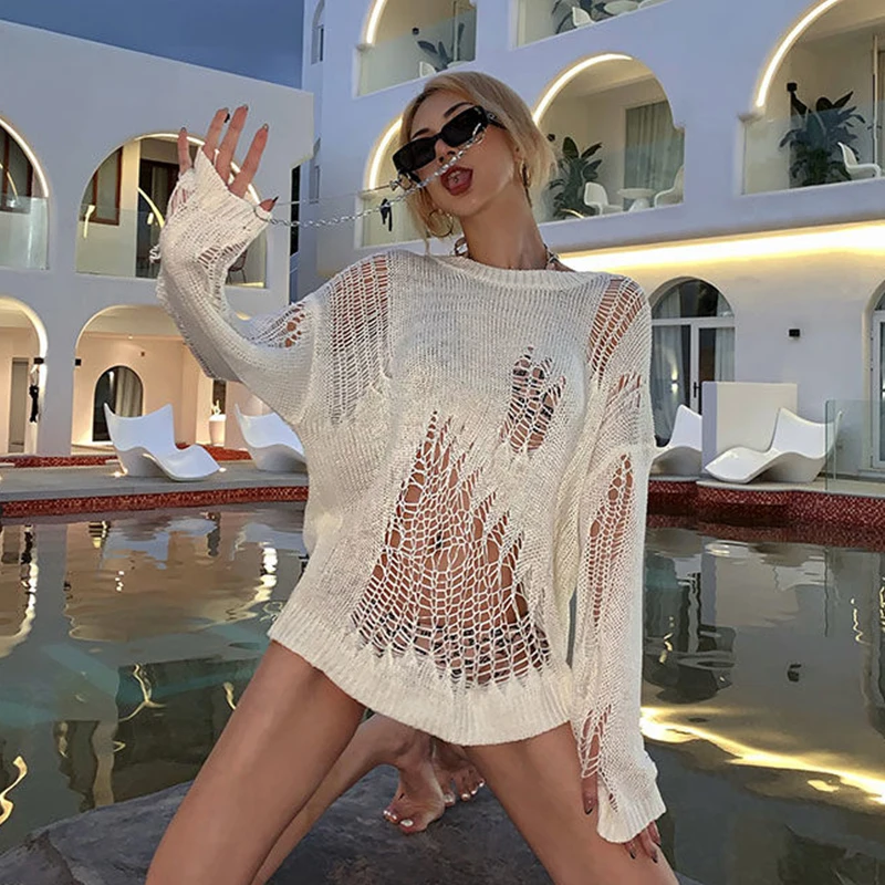 

2022 Summer New Ladies Knitted Pullover Hot Girl Hollow Sunscreen Knitted Sweater Long-Sleeved Thin Pullover Top Trendy