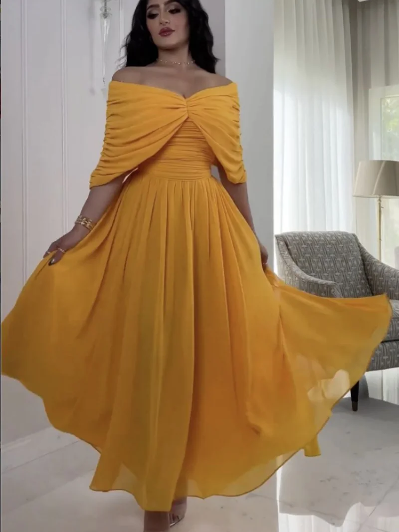 Morocco Party Dress Women Elegant Solid Color Yellow Long Vestidos Sexy V Neck Prom Chiffon Dresses India Longue Vestidos Largos