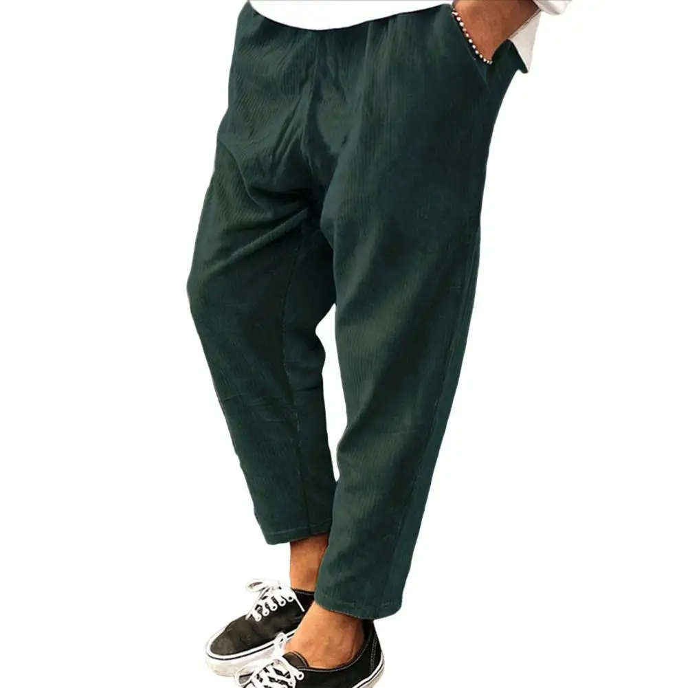 

2022 Vintage Corduroy Pants Men Mid-Rise Elastic Waist Slant Pockets Solid Color Solid Color Cropped Harem Trousers Men Clothing
