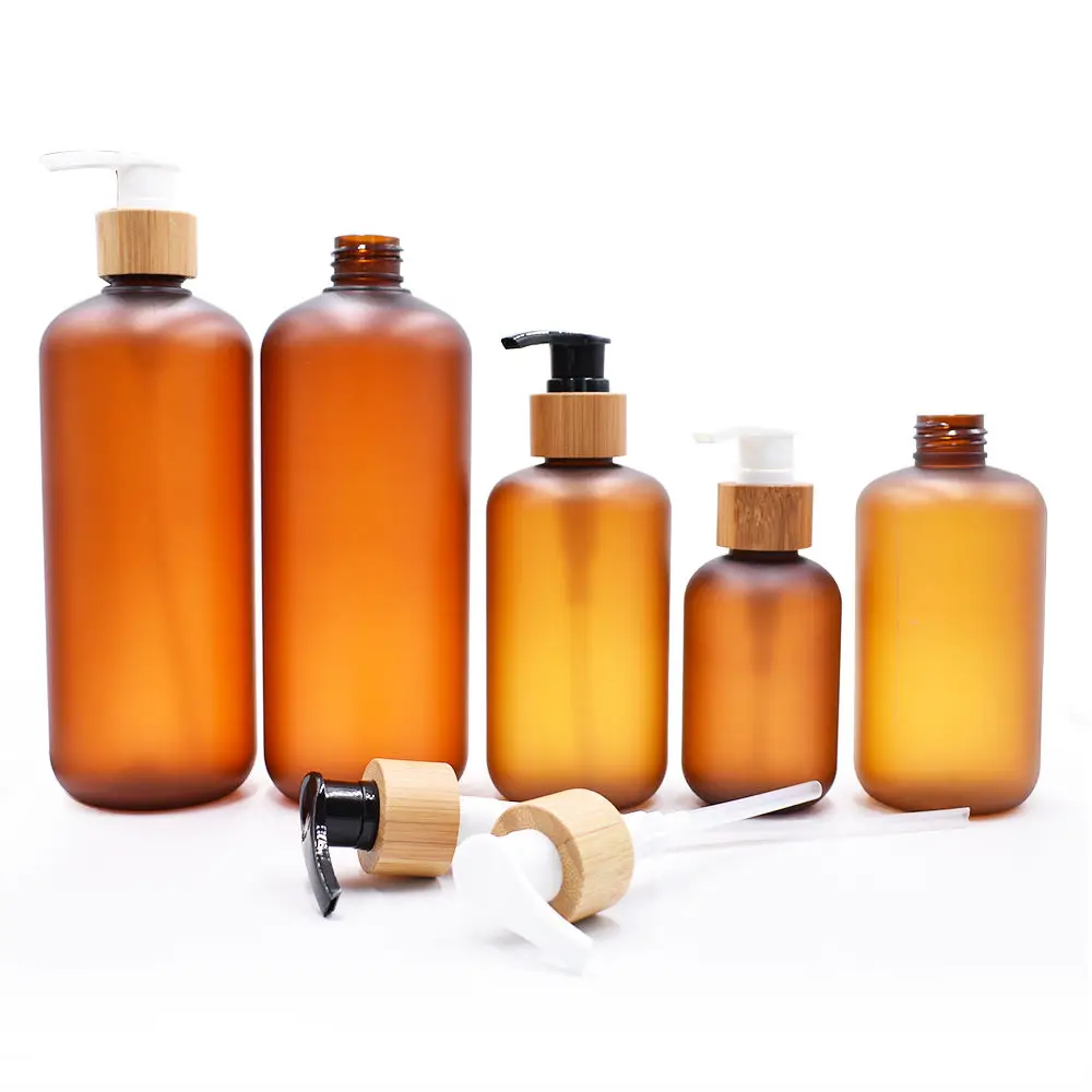 Wholesale Amber Plastic Bottles Pots ,Refillable Frosted PET Round Shoulder Sprayer Bottle,Spray Container Cream Jars Bamboo Lid