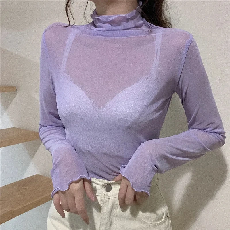 

2022 Cheap wholesale women top Mesh Edible Tree Fungus long sleeved bottoming T-shirts fashion all-match Slim T-Shirt Chic Top