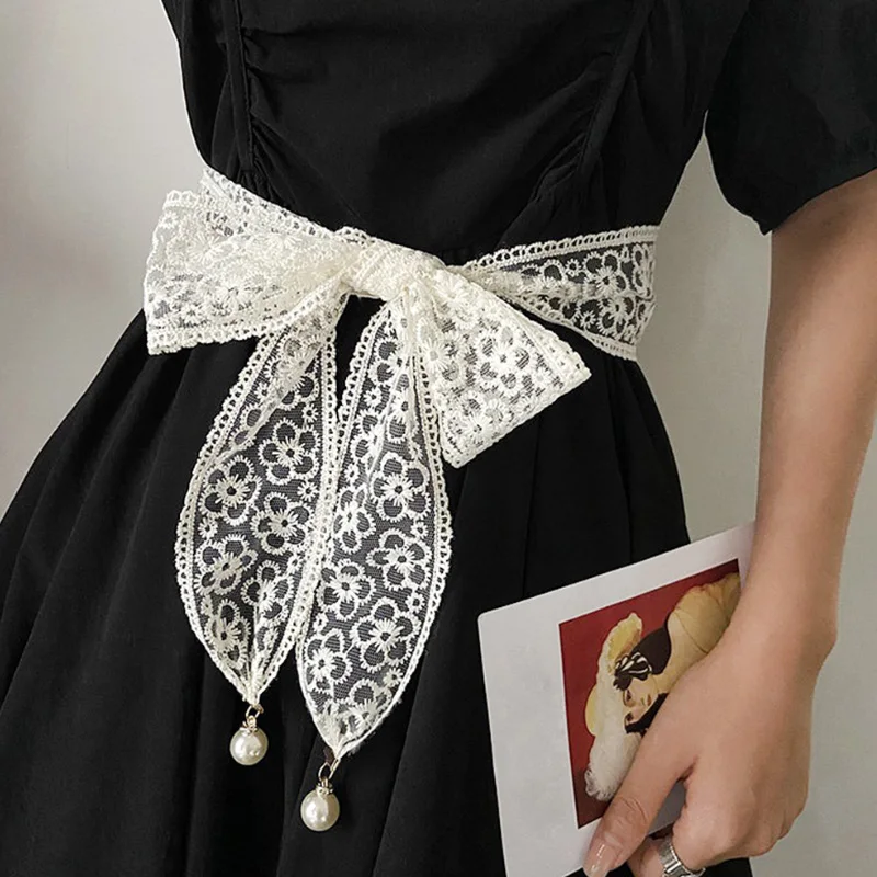 

Women Fashion Belts Lace Hollow Girdle Thin Pearl Belt Rope For Dresses Tassel Waistband Belt Knot Decorated Narrow Ribbon Black