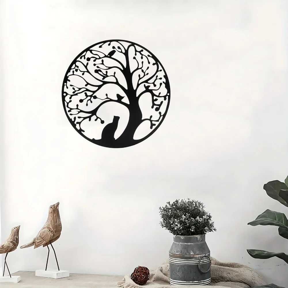 Черный Металлический Силуэт Древа Жизни Настенное Искусство С Котом И Птицей