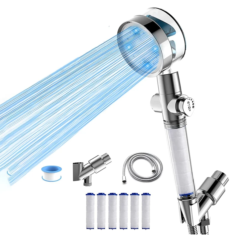 

Water Stop Filter Handheld Sprinkler With Handheld & 3-Color Water Temperature-Controlled Changing Light, Turbo Fan Detachable