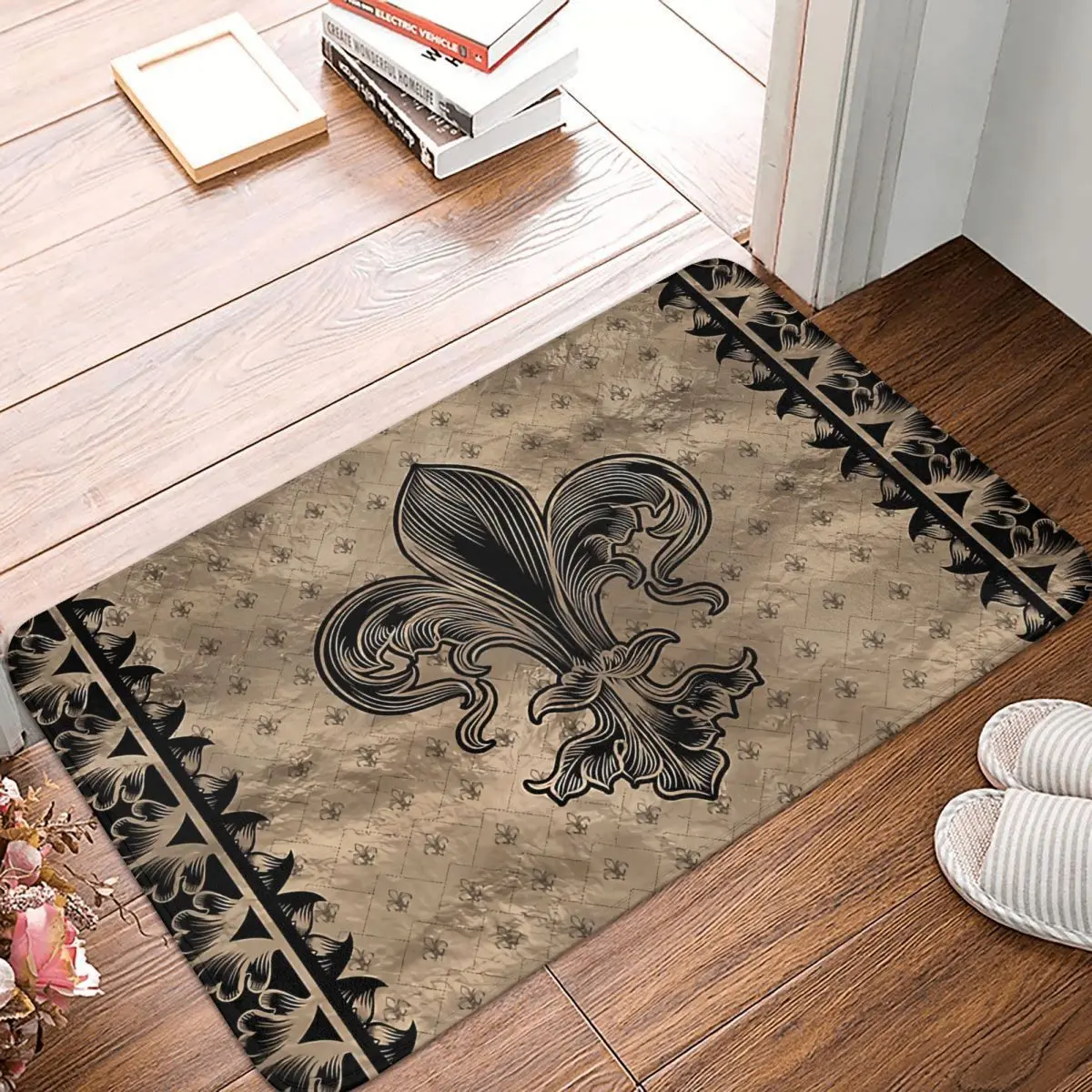 Gothic Bath Non-Slip Carpet Fleur De Lis Black And Gold Living Room Mat Welcome Doormat Home Decoration Rug