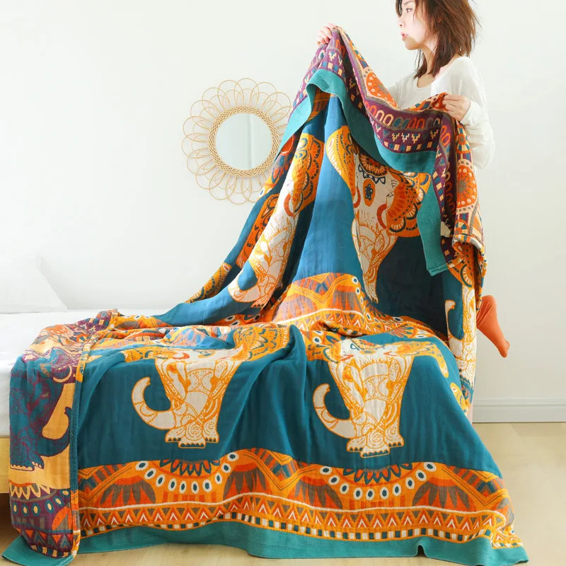 

Nordic throw blanket cotton gauze towel quilt single double colorful elephant summer cool quilt thin nap blanket boho bed spread