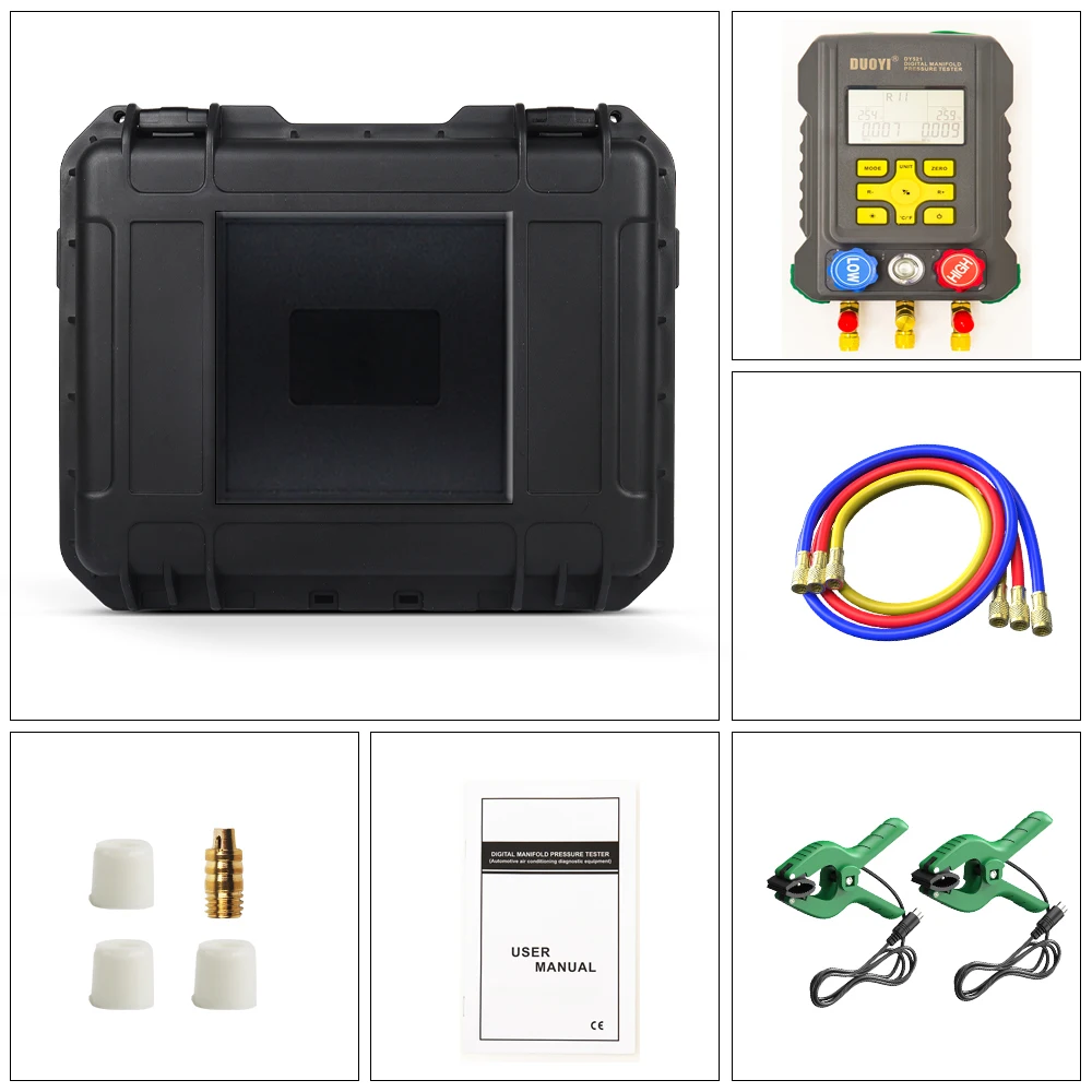 

DY521A Refrigeration Digital Manifold Gauge Meter HVAC Vacuum Pressure Leakage Temperature Tester Full Kit