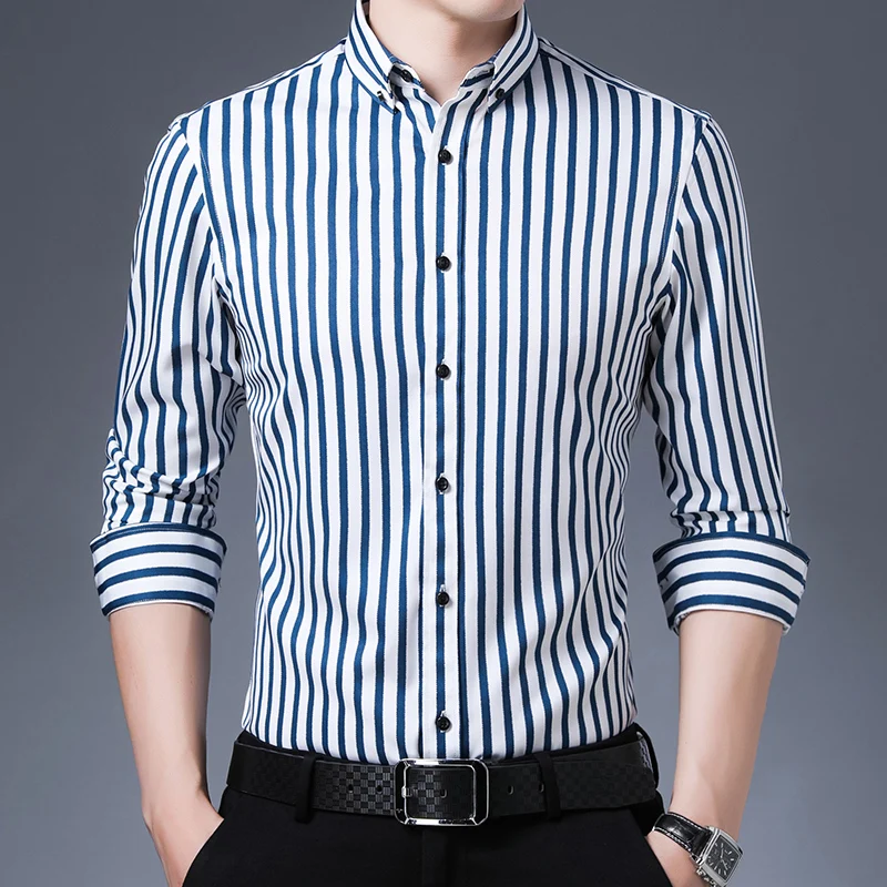 Spring Autumn Wide Stripe Shirts for Men Clothing Elastic Long Sleeve Shirt Business Casual Wrinkle Resistant Smooth Mens Shirts